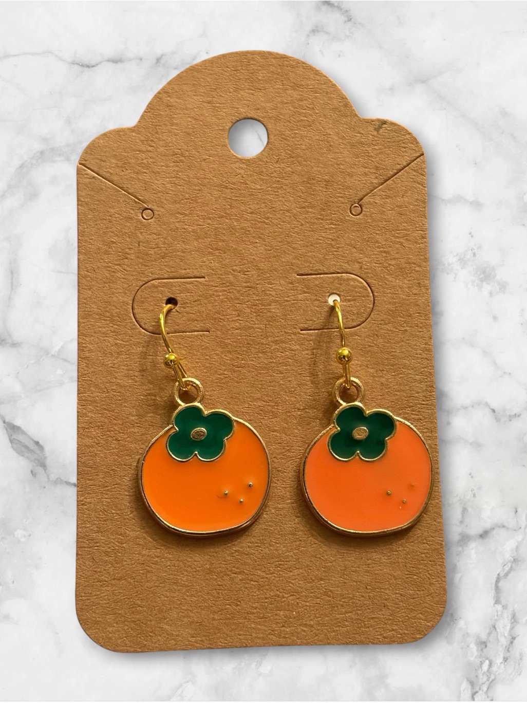 Orange Fruit Dangle Earrings With Green Leaf Accent